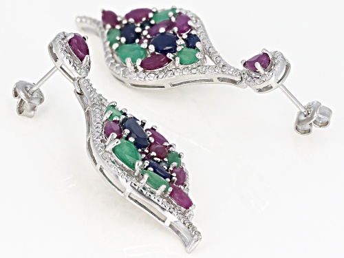 5.41ctw ruby, emerald, blue sapphire & .10ctw white diamonds rhodium over silver dangle earrings