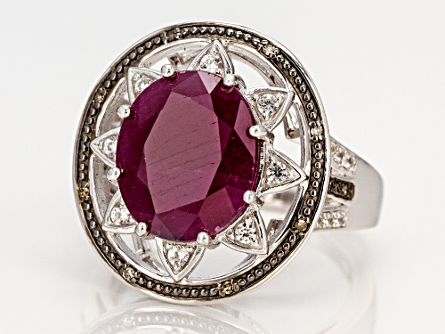 5.24ct Indian Ruby, .04ctw Diamond Accent, And .21ctw Zircon Rhodium Over Sterling Silver Ring - Size 7