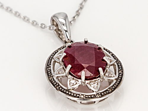 5.24ct Indian Ruby, Diamond Accent & .14ctw Zircon Rhodium Over Silver Pendant With Adjustable Chain