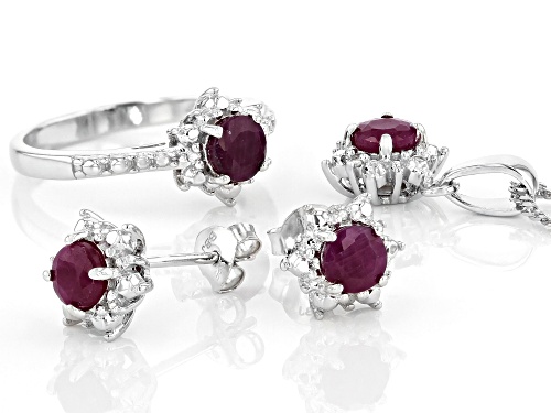 2.04ctw Ruby With .03ctw Round Diamond Accent Rhodium Over Sterling Silver Jewelry Set