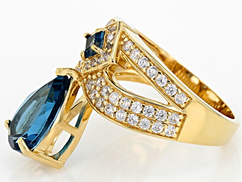 3.23CTW LONDON BLUE TOPAZ, .91CTW WHITE ZIRCON & CHAMPAGNE DIAMOND ACCENT 18K GOLD OVER SILVER RING - Size 8