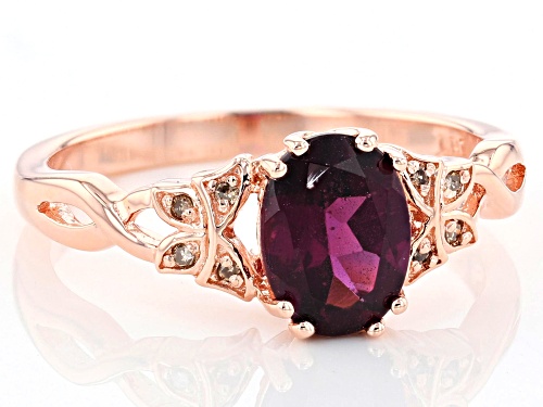 1.19CTW OVAL RHODOLITE & .02CTW CHAMPAGNE DIAMOND ACCENT 18K ROSE GOLD OVER SILVER RING - Size 9