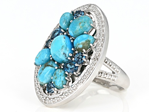 Turquoise & .83ctw London Blue Topaz & 4 Diamond Accent Rhodium Over Sterling Silver Ring - Size 9