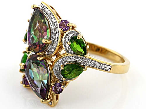 4.57ctw Mystic Fire® topaz & mixed gems with .05ctw diamond accent 18k gold over silver ring - Size 7
