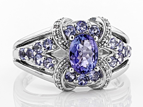 1.25ctw Oval And Round Tanzanite With .02ctw White Diamond Accents Rhodium Over Silver Ring - Size 7