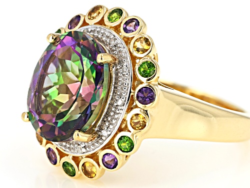 4.96ct Mystic Fire® Green Topaz, .55ctw Multi-Gem & .02ctw Diamond Accent 18k Gold Over Silver Ring - Size 7