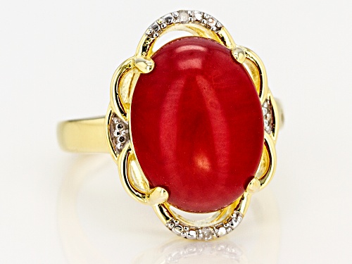 16x12mm Oval Red Coral With Two White Diamond Accent 18k Yellow Gold Over Silver Ring - Size 7