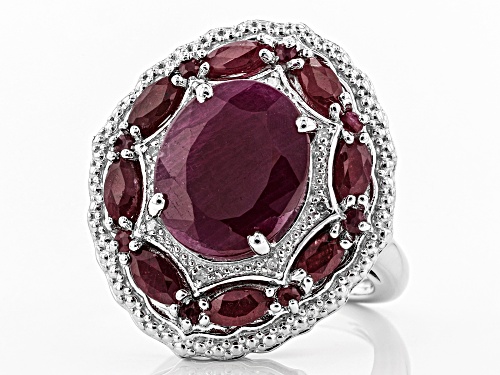 8.67CTW OVAL, MARQUISE & ROUND INDIAN RUBY WITH .03CTW WHITE DIAMOND ACCENT RHODIUM OVER SILVER RING - Size 6