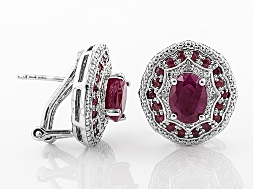 3.55CTW OVAL AND ROUND INDIAN RUBY & .03CTW WHITE DIAMOND ACCENT RHODIUM OVER SILVER EARRINGS