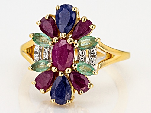 2.38ctw Ruby, Emerald, Blue Sapphire & .01ctw Two Diamond Accents 18k Gold Over Silver Ring - Size 7