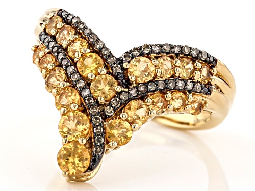 1.21CTW ROUND MANDARIN GARNET WITH .11CTW CHAMPAGNE DIAMOND 18K YELLOW GOLD OVER SILVER RING - Size 8