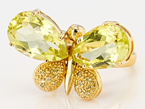 7.47ctw canary yellow quartz with .02ctw yellow diamond accent 18k gold over silver butterfly ring - Size 7