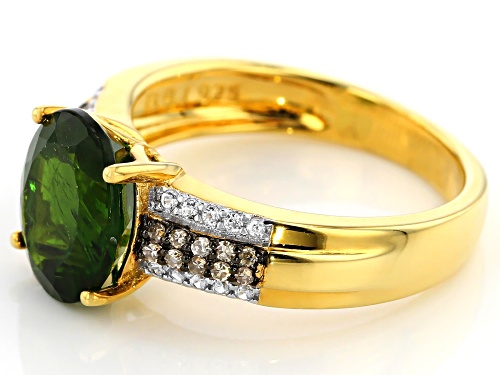 2.41CTW CHROME DIOPSIDE & WHITE ZIRCON W/.08CTW CHAMPAGNE DIAMOND ACCENT 18K GOLD OVER SILVER RING - Size 8