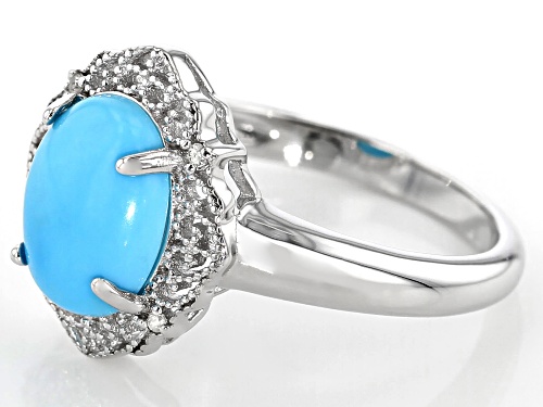 10x8mm Oval Sleeping Beauty Turquoise & White Diamond Accent Rhodium Over Silver Ring - Size 10
