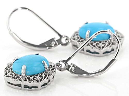 9x7mm Oval Sleeping Beauty Turquoise & White Diamond Accent Rhodium Over Silver Earrings