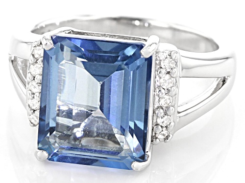 5.87ct emerald cut Blue Turquoise™ color topaz, .09ctw diamond accent rhodium over silver ring - Size 8