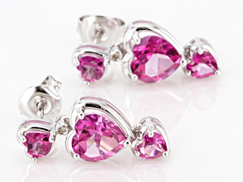 3.69ctw Heart Shape Pink Topaz & Two Diamond Accent Rhodium Over Silver Dangle Earrings