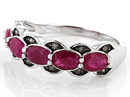 1.34ctw Oval Burmese Ruby with .09ctw Round Champagne Diamond Accent Rhodium Over Silver Band Ring - Size 7
