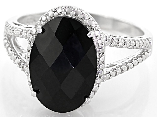 4.40ctw Oval black spinel with .01ctw round diamond accent rhodium over sterling silver ring - Size 6