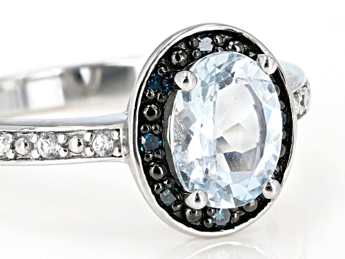 .94ct Oval Aquamarine With Blue Diamond Accent & .08ctw Zircon Rhodium Over Silver Halo Ring - Size 8