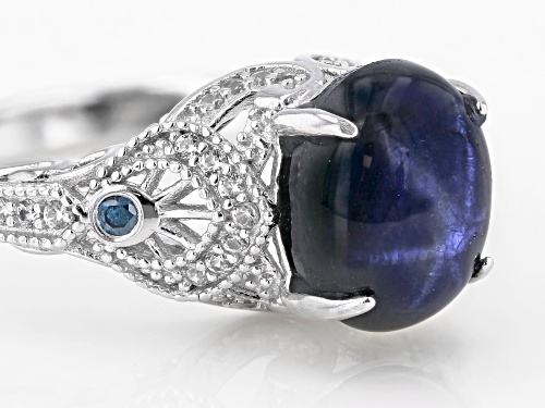 3.77ct Blue Star Sapphire & .35ctw White Zircon & .03ctw Two Diamond Accent Rhodium Over Silver Ring - Size 8