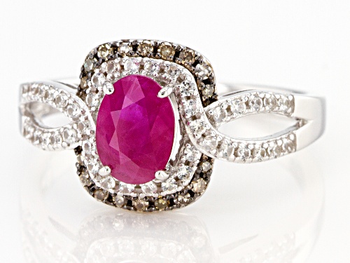 .81ct Burmese Ruby, .08ctw Champagne Diamond Accent & .24ctw White Zircon Rhodium Over Silver Ring - Size 8