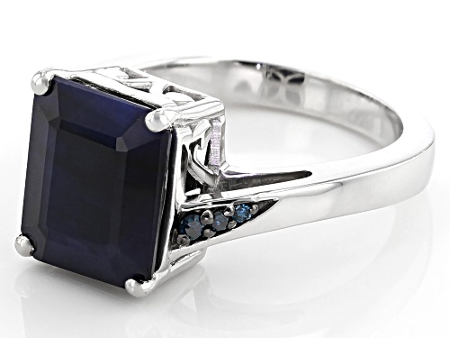 4.00ct Emerald Cut Sapphire With Blue Diamond Accent Rhodium Over Sterling Silver Ring - Size 7