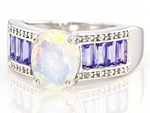 1.10ct Oval Ethiopian Opal With .83ctw Tanzanite And Diamond Accent Rhodium Over Silver Ring - Size 8