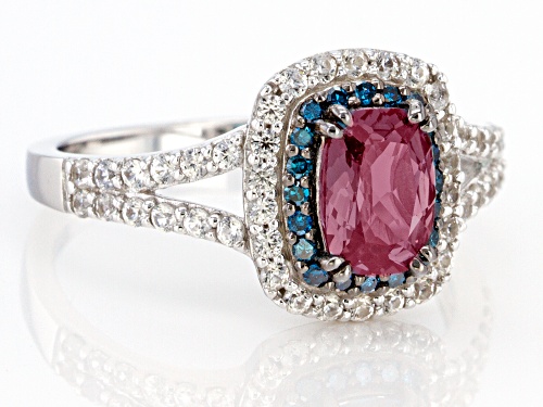 0.85ctw cushion lab alexandrite with 0.10ctw diamond, 0.55ctw white zircon rhodium over silver ring - Size 10