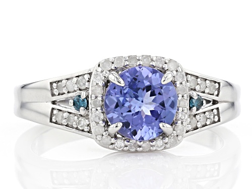 0.85ct Round Blue Tanzanite With 0.03ctw Blue And 0.16ctw White Diamond Rhodium Over Silver Ring - Size 9