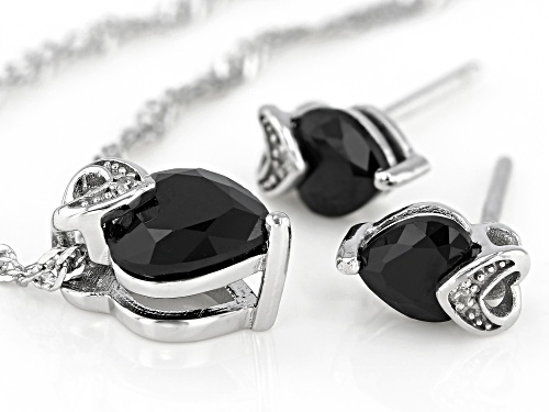 2.62ctw Heart Black Spinel, 0.01ctw Diamond Accent Rhodium Over Silver Earring, Pendant Chain Set