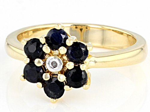 1.00ctw Round Blue Sapphire with 0.01ct Single Diamond Accent 18k Yellow Gold Over Silver Ring - Size 7