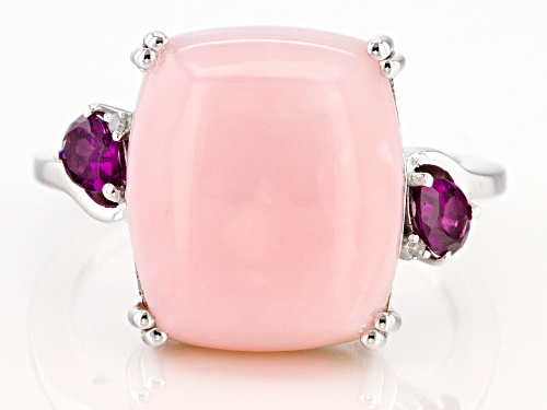 14x12mm Cushion Pink Opal With 0.34ctw Rhodolite & White Diamond Accent Rhodium Over Silver Ring - Size 10