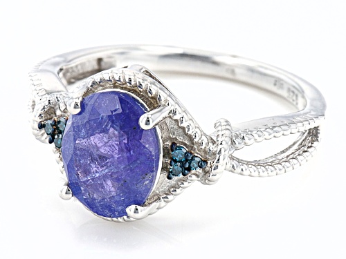 1.71ct Oval Tanzanite With 0.02ctw Round Blue Diamond Accent Rhodium Over Sterling Silver Ring - Size 7