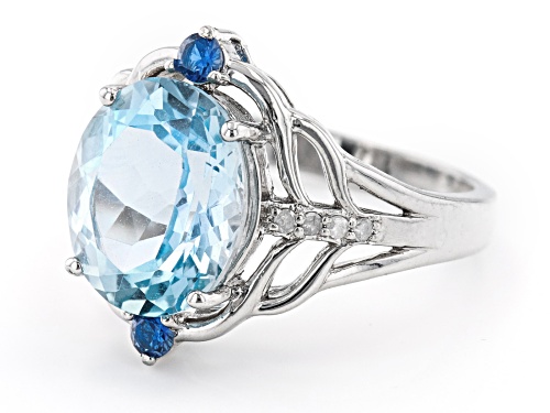 5.00ct Glacier Topaz™, 0.14ctw Lab Blue Spinel With 0.07ctw Diamond Accent Rhodium Over Silver Ring - Size 8