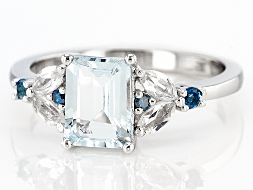 1.15ct Aquamarine, 0.42ctw London Blue & White Topaz, 0.03ctw Blue Diamond Rhodium Over Silver Ring - Size 10