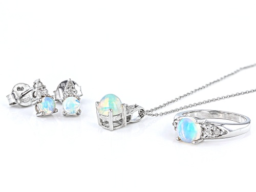 2.06ctw Ethiopian Opal With  0.02ctw Round White Diamond Accent Rhodium Over Silver Jewelry Set