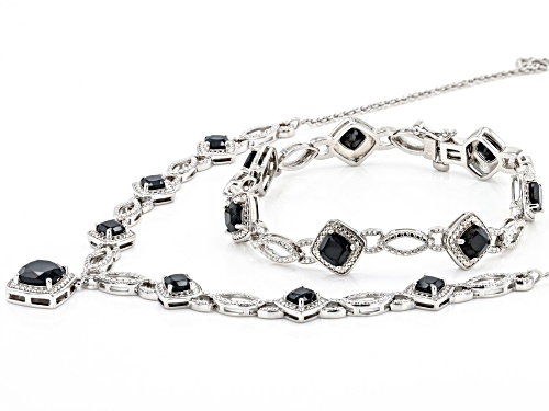 17.53ctw Black Spinel And Diamond Rhodium Over Brass Necklace, Bracelet, Ring And Earring Set
