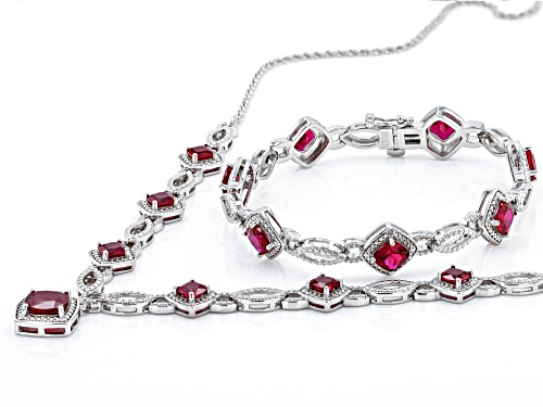 18.41ctw Lab Ruby And White Diamond Rhodium Over Brass Necklace, Bracelet, Ring And Earring Set