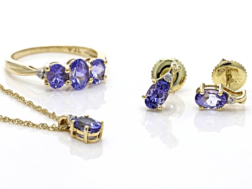 2.65ctw Tanzanite With .03ctw White Diamonds 10K Yellow Gold Ring, Earrings and Pendant Jewelry Set