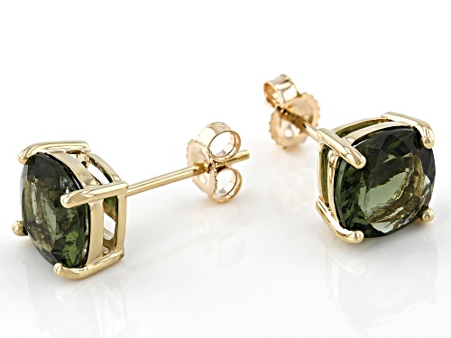 2.50ctw Square Cushion Moldavite 10K Yellow Gold Solitaire Stud Earrings