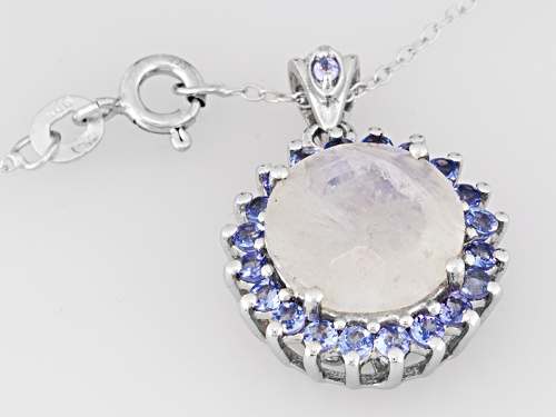12mm Round Rainbow Moonstone With .52ctw Round Tanzanite Sterling Silver Pendant With Chain