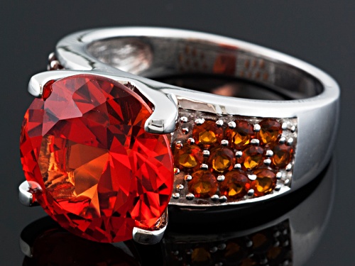 6.54ct Round Lab Created Padparadscha Sapphire With .68ctw Round Citrine Silver Ring - Size 12