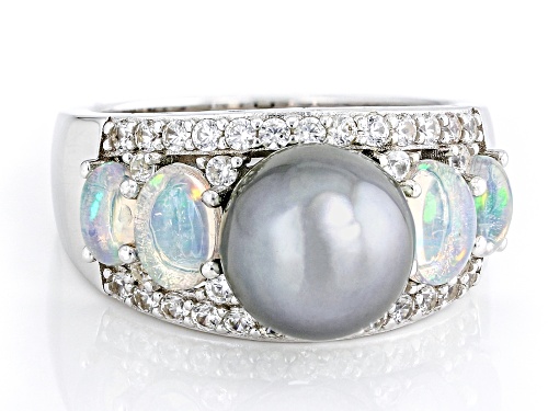 9-9.5mm Cultured Tahitian Pearl with Ethiopian Opal & White Zircon Rhodium Over Sterling Silver Ring - Size 11