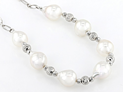 7-8mm White Cultured Japanese Akoya Pearl Rhodium Over Sterling Silver Necklace - Size 18