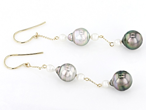 3-4mm Cultured Japanese Akoya & 8-10mm Cultured Tahitian Pearl 14k yellow Gold Dangle Earrings