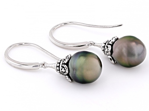 9.5mm Black Cultured Tahitian Pearl Rhodium Over Sterling Silver Drop Earrings