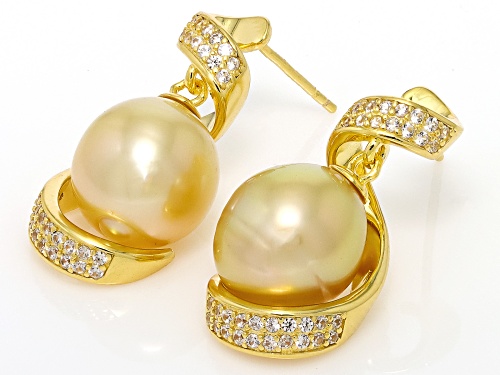 10-11mm Golden Cultured South Sea Pearl & 0.61ctw White Zircon 18k Gold Over Silver Earrings