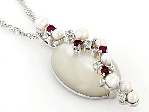 South Sea Mother-of-Pearl, Cultured Freshwater Pearl & Multi-Gem Rhodium Over Silve Pendant/Chain