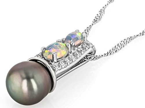 9-9.5mm Cultured Tahitian Pearl with Ethiopian Opal & White Zircon Rhodium Over Silver Pendant